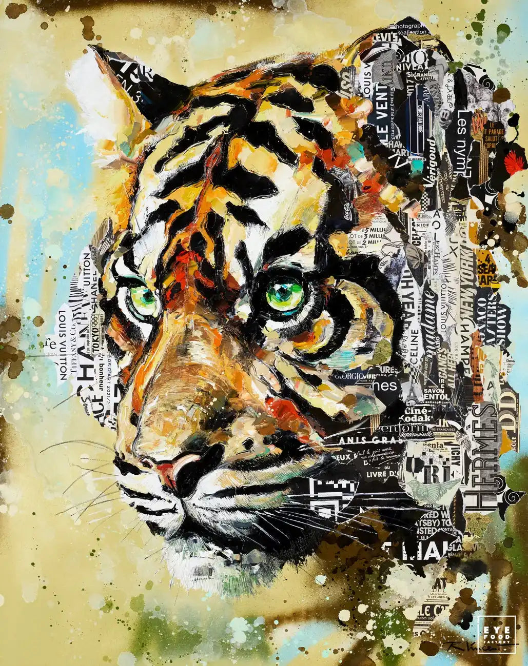 Collage de tête de tigre avec des yeux verts vibrants.